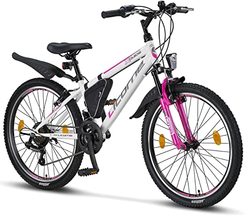 Licorne Bike Guide Bicicleta de montaña de 24 Pulgadas, Cambio de 21 velocidades, suspensión de Horquilla, Bicicleta Infantil, para Hombre y Mujer, Bolsa para Cuadro, Blanco/Rosa