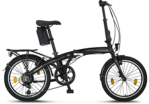 Licorne Bike Phoenix - Bicicleta plegable de aluminio de 20 pulgadas, para hombre y mujer, 7 velocidades, marco de aluminio, cubierta, StVZO, luz delantera y trasera (negro y dorado)