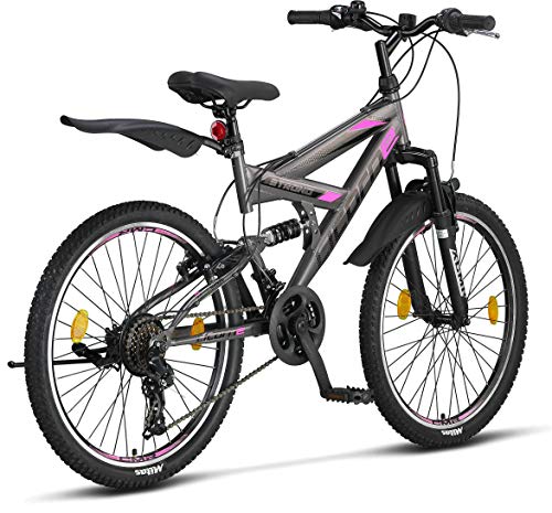 Licorne Strong Bike - Bicicleta de montaña prémium de 26 pulgadas, para niños, niñas, mujeres y hombres, cambio de 21 velocidades, suspensión completa, Niñas, Gris antracita/rosa., 24 Pulgadas