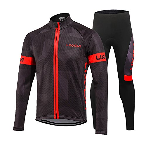 Lixada Maillot Ciclismo Hombres Manga Largo y Pantalones Ajustados 3D Acolchado Forro Térmico de Lana Anti-Viento Invierno/Otoño/Primavera