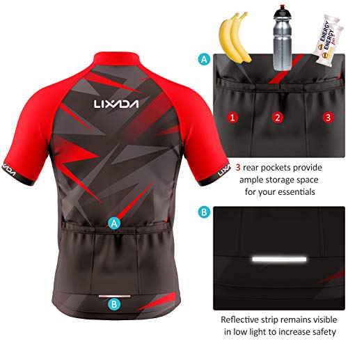 Lixada Ropa de Ciclismo para Hombre,Manga Corta Transpirable + Pantalones Cortos Acolchados,Traje de Ropa de Bicicleta de Montaña (Rojo+Negro, L)