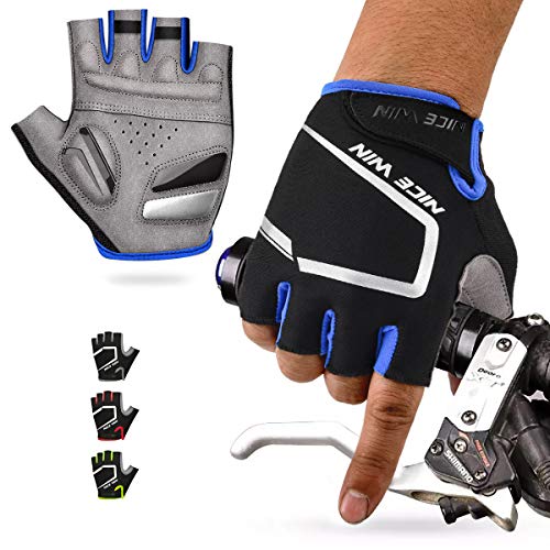 LOHOTEK Guantes de Ciclismo de Bicicleta de Montaña Motocicleta Guantes de Bicicleta de Carretera de Medio-Dedo para Hombres Mujeres Acolchado Antideslizante Transpirable (Azul(Medio Dedo), L)