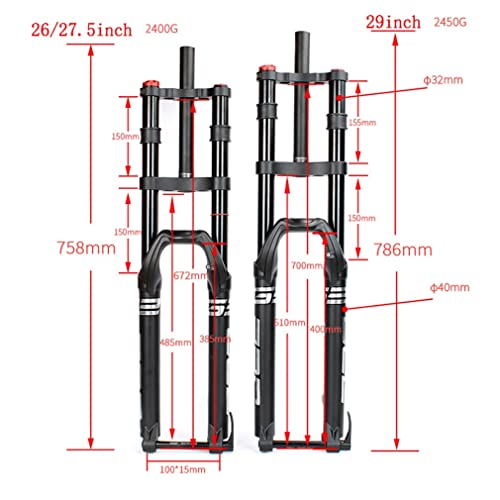 LSRRYD Bicicleta Montaña Aire Suspensión Horquilla Cuesta Abajo 26/27.5/29'' MTB Doble Hombro Horquillas Freno Disco 1-1/8 15mm Eje Pasante 130mm Recorrido Ajuste Rebote HL 2400g (Size : 27.5'')