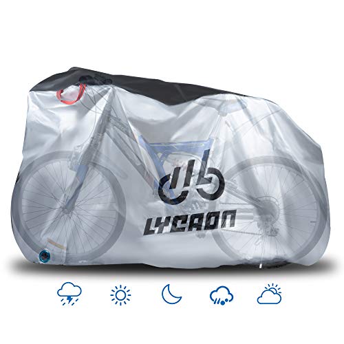 LYCAON Fundas para Bicicletas, 210D Poly Fabric UV Protection Impermeable Anti Dust Bike Rain Cover para Bicicletas de Carretera de Montaña, con Bolsa de Almacenamiento (For 26'' Bike/Plata)