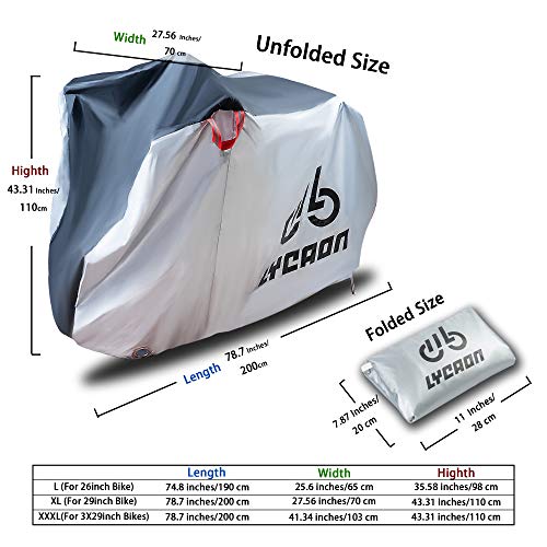 LYCAON Fundas para Bicicletas, 210D Poly Fabric UV Protection Impermeable Anti Dust Bike Rain Cover para Bicicletas de Carretera de Montaña, con Bolsa de Almacenamiento (For 26'' Bike/Plata)