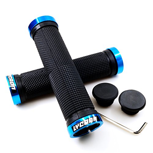 LYCAON Puños para Bicicletas de Montaña Bicicleta Manillar Apretones Doble Cierre Mango para Bicicleta Triciclo Silla de Ruedas MTB BMX (Azul, General End Caps)