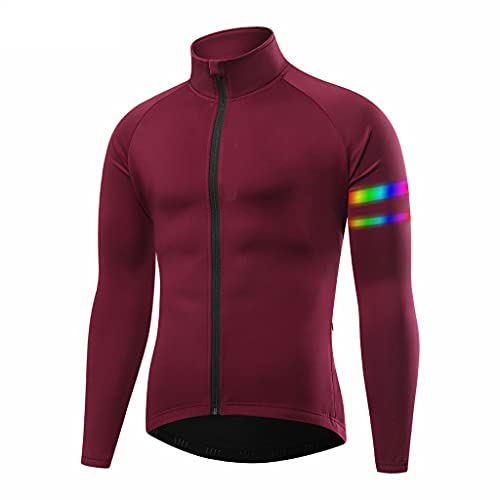 Maillot Ciclismo Hombre Invierno Manga Larga Maillots Bici Hombre MTB Térmico Impermeable Reflectante Transpirable Ropa Ciclismo con Cremallera Completa y 3 Bolsillos Traseros,Dark Red,L