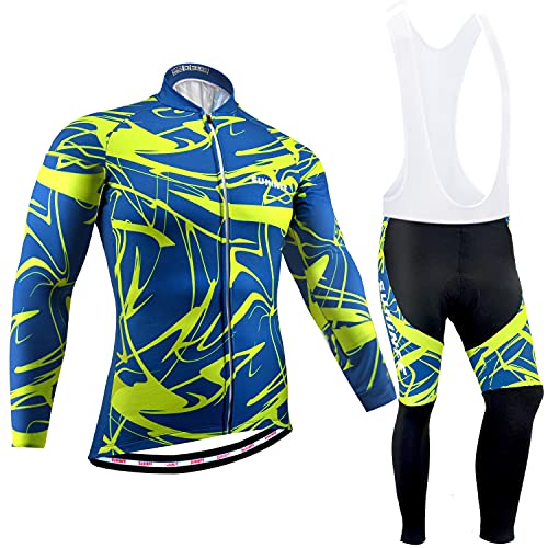 Maillot Ciclismo Invierno Hombre Manga Larga, Ropa Ciclismo Forro Polar Térmico con Cremallera Completa, Tira Reflectante y y Pantalón con Pechera Ciclismo para Mantener el Calor, Azul, XXL