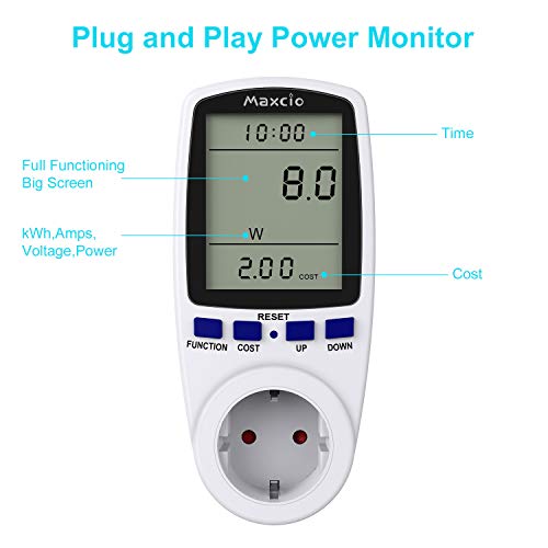 Maxcio Medidor de Consumo de Energía, Monitor de Electricidad Recargable con Pantalla LCD Retroiluminada, 7 Modos Medidor de Consumo Electrico con Protección contra Sobrecarga, Costo de Electricidad