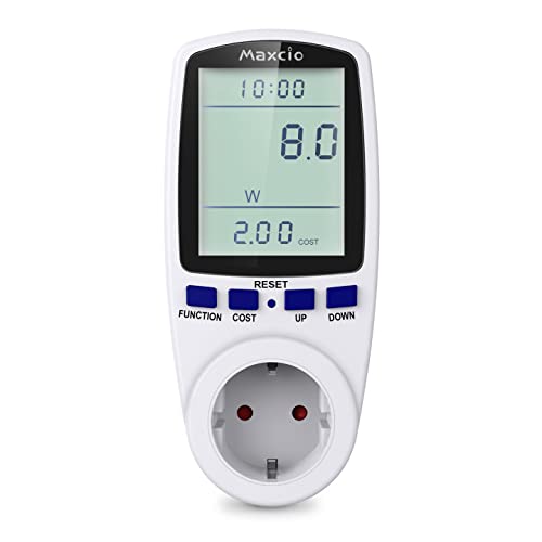 Maxcio Medidor de Consumo de Energía, Monitor de Electricidad Recargable con Pantalla LCD Retroiluminada, 7 Modos Medidor de Consumo Electrico con Protección contra Sobrecarga, Costo de Electricidad