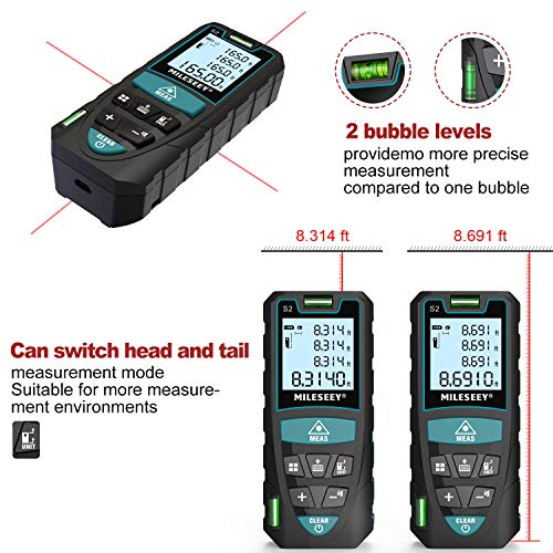 Medidor Laser de Distancia 50M,Mileseey Metro Laser IP54 con 2 Niveles de Burbuja, Medidor de Distancia Digital Portátil con Telémetro Láser con Pantalla LCD de 4 Líneas(Batería Incluida)