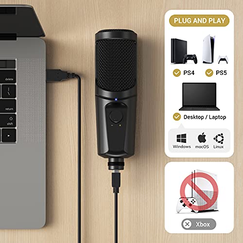 Micrófono USB Gaming de Cardioide Condensador, 192kHz/24Bit, TONOR Kit de Micrófono PC con Ajuste de Volumen, Monitorización Sin Latencia para Streaming, Grabación de YouTube, Podcasts, Doblaje, TC40