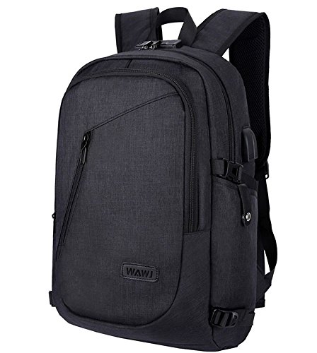 Mochila antirrobo Impermeable, WAWJ Mochila para portátil Multiusos Daypacks con Puerto de Carga USB (Negro)