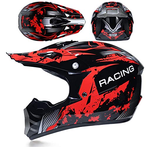 MRDEAR Casco de Motocross Hombre (5 Pcs) - Negro y Rojo - Casco MTB Integral Off-Road Enduro Racing Scooter Motocicleta Quad · Dot Certificado,L