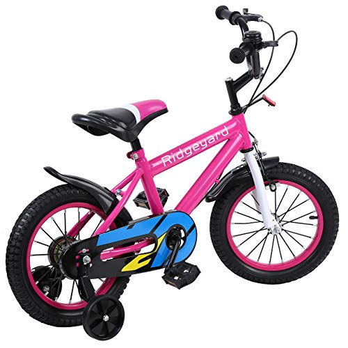 MuGuang Bicicleta de 14 pulgadas Bicicleta para niños Bicicleta de aprendizaje Bicicleta para niños y niñas con estabilizadores Bicicleta con campana para niños de 3 a 8 años (Rosa roja)