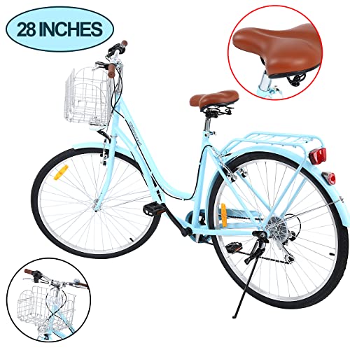 MuGuang - Bicicleta de ciudad vintage para mujer de 28 pulgadas, marco de acero, ruedas de 28 pulgadas de aluminio con freno de contrapedal, 7 velocidades sin desviador, cesta incluida (azul)