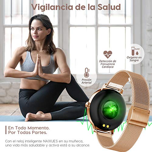 NAIXUES Smartwatch Mujer, Reloj Inteligente Impermeable 67, Monitor de Sueño y Caloría Pulsómetro, 7 Modos de Deportes, Notificaciones Inteligentes, Reloj Deportivo Mujer para Android iOS (Oro)