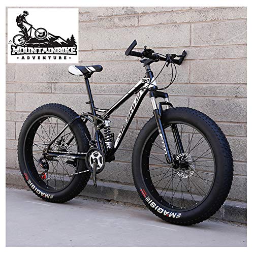 NENGGE Doble Suspensión MTB con Neumático Gordo, Profesional Adulto Hombre Mujer Bicicleta Montaña, Doble Freno Disco Bicicleta BTT, Cuadro de Acero,Negro,26 Inch 7 Speed