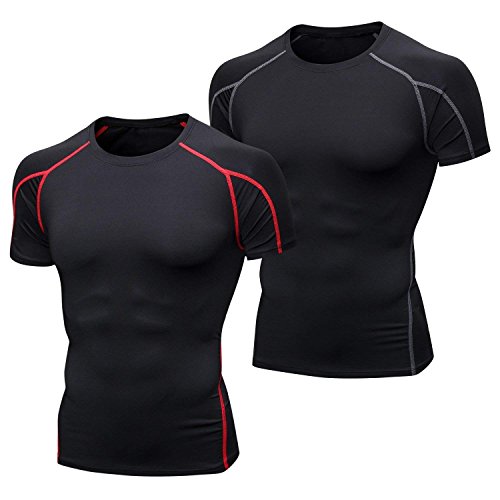 Niksa 2 Piezas Camisetas de Fitness Compresión Ropa Deportiva Manga Corta Hombre para Correr, Ejercicio,Gimnasio Negro Rojo 1053(L)