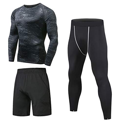 Niksa 3 Piezas Conjunto de Compresion Hombre, Camisetas Compression Mallas Running Pantalon Corto Deporte Ropa Deportiva Hombre para Running Correr Gym Fitness