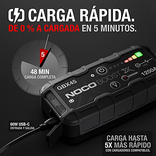 NOCO Boost X GBX45, 1250A 12V UltraSafe Arrancador de Litio, Bateria Booster Profesional, Cargador Powerbank y Cables de Arranque de Coche por Gasolina de hasta 6.5 Litros y Diésel de 4.0 Litros