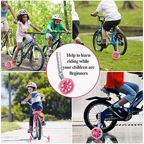 NONMON Ruedines Entrenamiento Accesorio para Bicicleta Infantil Universal, Estabilizador Destello Ruedas d'Apoyo par Bici 12 14 16 18 20 Pulgadas, Equipo Bueno para Principiantes Niños, Rosado