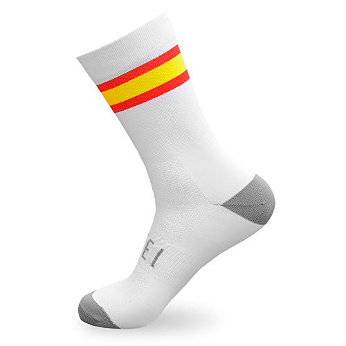 NORTEI - Calcetines Bandera España para Ciclismo, MTB y Running de Meryl para Hombre y Mujer – Spain – (L(43-45), Blanco)