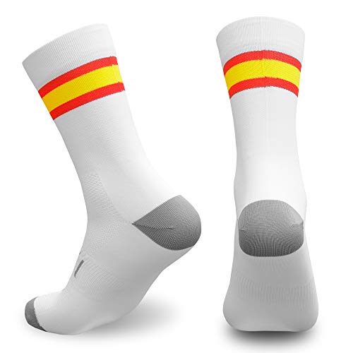 NORTEI - Calcetines Bandera España para Ciclismo, MTB y Running de Meryl para Hombre y Mujer – Spain – (L(43-45), Blanco)