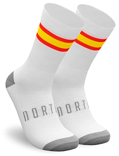 NORTEI - Calcetines Bandera España para Ciclismo, MTB y Running de Meryl para Hombre y Mujer – Spain – (L(43-45), Blanco)