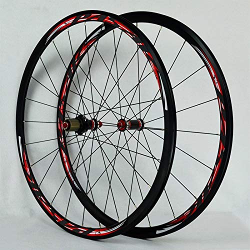 NS Fibra Carbon 700C Bicicleta Carretera Juego Ruedas Freno C/V Cubo Rueda Trasera Delantera Bici 30mm Llanta Aleación Doble Pared for 7 8 9 10 11 Volante (Color : Black Hub Red Logo)