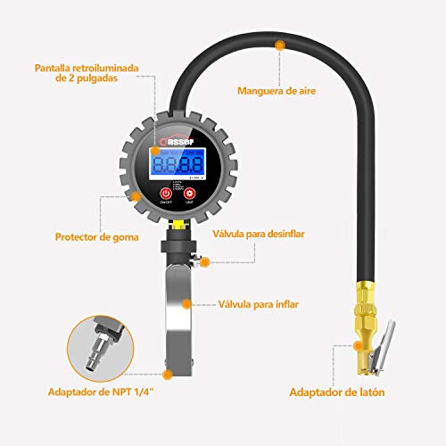 Oasser Manómetro Presión Neumáticos Digital 0-18bar Manómetro Inflador Neumáticos para Compresor Medidor Presión Neumáticos Profesional Portátil para Coche Moto Bicicleta y Camión 0-255psi P5