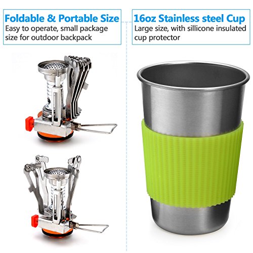 Odoland Utensilios Cocina Camping Kit con Ollas Camping y Sartén de Aluminio, Estufa Trekking, Taza de Acero Inoxidable, Cubiertos Plegable - Cacerolas de Acampada de Camping y Viaje