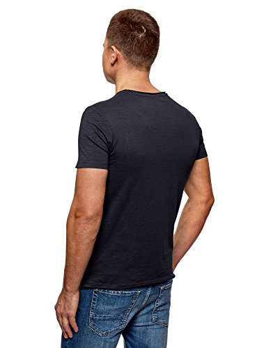 oodji Ultra Hombre Camiseta de Algodón con Estampado, Azul, ES 56 / XL