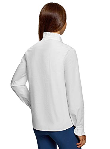 oodji Ultra Mujer Camisa con Volantes en el Cuello, Blanco, ES 34 / XXS