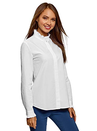 oodji Ultra Mujer Camisa con Volantes en el Cuello, Blanco, ES 34 / XXS