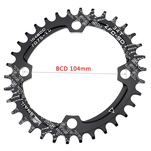 Ovalada plato 32T 34T 36T FOMTOR ultraligero Single Narrow Wide Cadena Anillo para la mayoría de Shimano y SRAM cranksets, bicicleta de carretera bmx mtb (104 BCD, Negro) (34T)