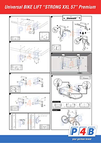 P4B | Elevador de bicicleta (Bike Lift) - con 57 kg de carga para montaje en techo | Incluye 2x correas de sujeción con tres lazos en el extremo y 2x correas tensadoras de longitud ajustable