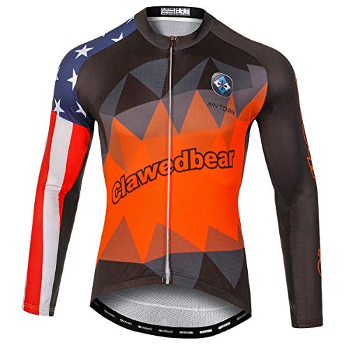 Panegy Hombres Maillot de Ciclismo Mangas Largas Sudadera Deportiva Delgada Transpirable Chándales Estampados Cremallera para Bicicleta Color Naranja Estrelal Talla XL