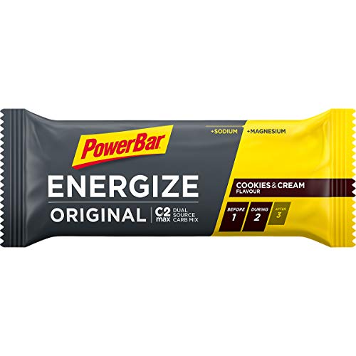 Powerbar Energize Original Cookies & Cream 25x55g-Barra de Alta Energía de Carbono + C2MAX Magnesio y Sodio, 25 x 55g