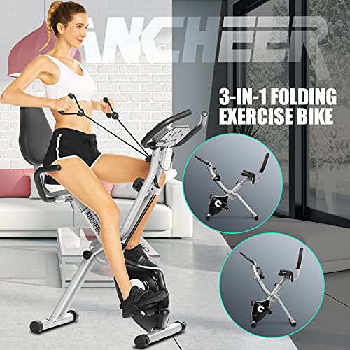 Profun Bicicleta Estática Plegable de Fitness con Respaldo Xbike con App Pantalla LCD 10-Niveles Ajustable para Ejercicio Entrenamiento en Casa (Gris+Respaldo)