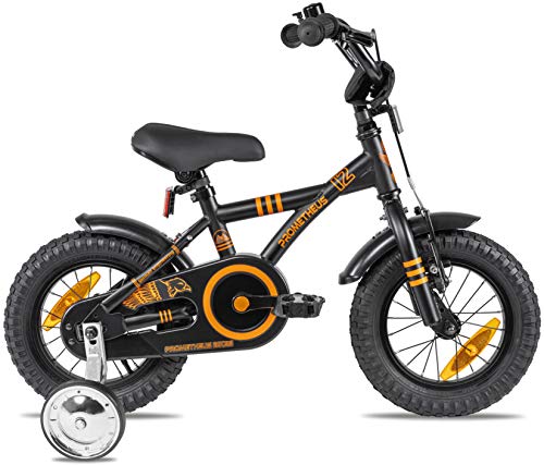 Prometheus 2022 - Bicicleta infantil (12 pulgadas, ruedas de apoyo, a partir de 3 años, contrapedal, 12 pulgadas, BMX, modelo 2022, en negro mate y naranja