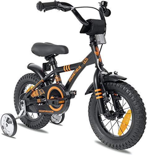 Prometheus 2022 - Bicicleta infantil (12 pulgadas, ruedas de apoyo, a partir de 3 años, contrapedal, 12 pulgadas, BMX, modelo 2022, en negro mate y naranja