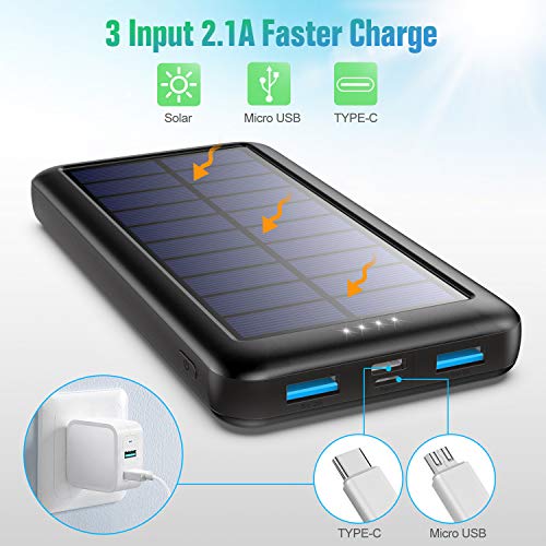 QTshine Cargador Solar con Entradas Tipo C & Mirco USB, Batería Externa Solar 26800mAh Power Bank Solar Carga Rápida con 2 Salidas USB para iPhone Android iPad Cámara, Actividades Al Aire Libre