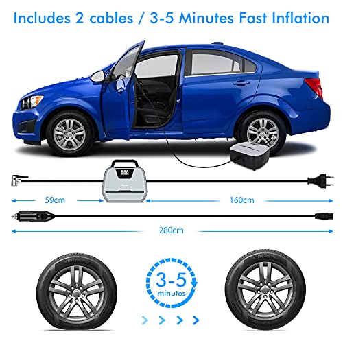 Reesibi Compresor de Aire 12V 220V, 10.3 Bar 150 PSI, Dual Alimentación, Pantalla Digital, Presión predefinida, con 3 Boquillas, 2 Cables, Bomba Eléctrica, Compresor Coche Bici, Negro/Gris