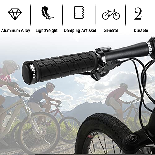 REETEE Puños Bicicleta Montaña Antideslizante Caucho Puños Manillar Bicicleta, Aluminio Doble Bloqueo de 22mm Mango para Bicicleta Puños MTB Ergonomicos para Bici Plegable, BMX,Scooter Puños (negro)