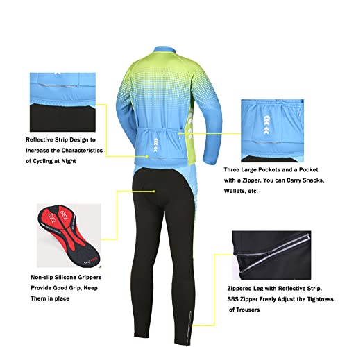 Relaxyee Ropa Ciclismo Hombre de Invierno, Ciclismo Maillot Hombres con 4D Acolchado de Gel, Cálido y Transpirable, Cómodo de Llevar (Verde y Azul, Small)