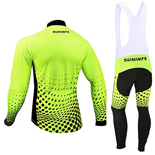 Ropa Ciclismo Invierno Hombre, Maillot Ciclismo Polar Térmico de Manga Larga y Pantalones Largos de Ciclismo Acolchados con Gel de Alta Densidad para Bicicleta de Carretera y MTB, Verde, M