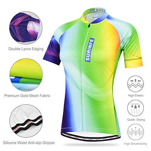 Ropa Ciclismo Mujer Verano, Maillot Ciclismo y culotescon Tira Reflectante y Bolsillos Traseros para MTB, Fluorescente, L