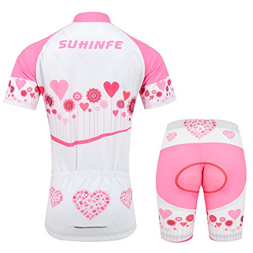 Ropa Ciclismo Niña Verano, Maillot Ciclismo y culotescon Tira Reflectante y Bolsillos Traseros para MTB (3XS, Rosado)