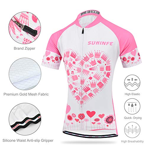 Ropa Ciclismo Niña Verano, Maillot Ciclismo y culotescon Tira Reflectante y Bolsillos Traseros para MTB (3XS, Rosado)